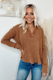 Brown V Neck Collared Retro Waffle Long Sleeve Top