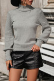 Plain Button Cuff High Collar Knit Sweater