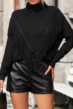 Plain Turtle Neck Fringe Knit Sweaters