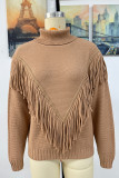 Plain Turtle Neck Fringe Knit Sweaters