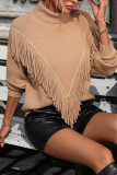 Plain Turtle Neck Fringe Knit Sweaters