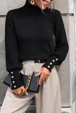 Plain Button Cuff High Collar Knit Sweater