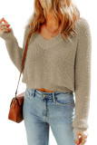 Apricot Cropped V Neck Fuzzy Sweater