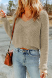 Apricot Cropped V Neck Fuzzy Sweater