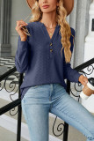 Plain V Neck Button Jacquard Long Sleeves Top