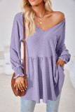 Plain V Neck Jacquard Babydoll Top