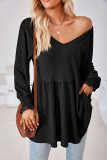 Plain V Neck Jacquard Babydoll Top
