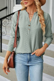 Plain V Neck Button Jacquard Long Sleeves Top