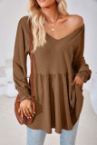 Plain V Neck Jacquard Babydoll Top