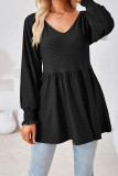 Plain V Neck Jacquard Babydoll Top