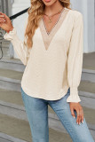 Plain V Neck Lace Jacquard Smocked Cuff Long Sleeves Top