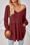 Plain V Neck Jacquard Babydoll Top