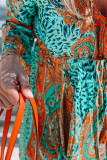Green Boho Paisley Mix Print Long Sleeve V-Neck Tie Maxi Dress
