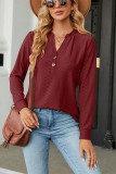 Plain V Neck Button Jacquard Long Sleeves Top