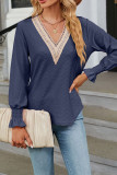 Plain V Neck Lace Jacquard Smocked Cuff Long Sleeves Top