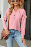 Plain V Neck Button Jacquard Long Sleeves Top
