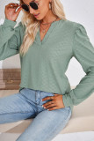 V Neck Jacquard Puff Sleeves Top