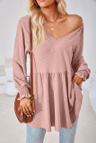 Plain V Neck Jacquard Babydoll Top