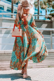 Green Boho Paisley Mix Print Long Sleeve V-Neck Tie Maxi Dress