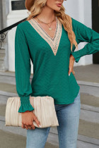 Plain V Neck Lace Jacquard Smocked Cuff Long Sleeves Top