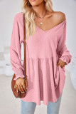 Plain V Neck Jacquard Babydoll Top