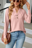 Plain V Neck Button Jacquard Long Sleeves Top
