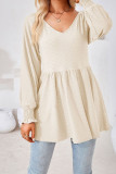 Plain V Neck Jacquard Babydoll Top