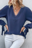 Dark Blue V Neck Lace Hollow Out Long Sleeves Blouse
