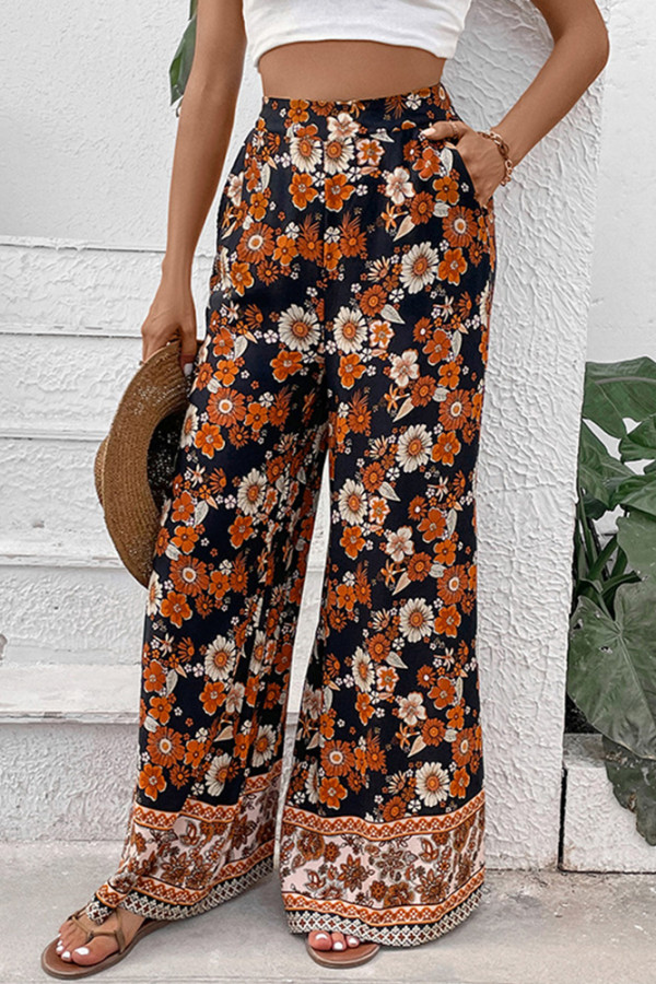 High Waist Flower Print Wide Leg Pants