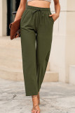 Green Drawstring Elastic Waist Pockets Long Straight Legs Pants