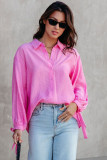 Pink Split Back Tie Knot Buttoned Long Sleeve Shirt