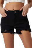 Black Solid Color Distressed Denim Shorts