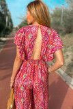 Rose Printed V Neck Button Open Back Wide Leg Jumpsuit