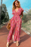 Rose Printed V Neck Button Open Back Wide Leg Jumpsuit