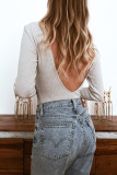 Beige Buttoned Cuffs Ribbed Long Sleeve Bodysuit