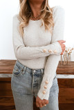 Beige Buttoned Cuffs Ribbed Long Sleeve Bodysuit