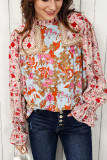 Multicolor Lace Trim Contrast Floral Long Puff Sleeve Blouse