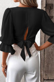 Plain V Neck Puff Crop Blouse
