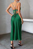 Dark Green Silky Backless Strappy Maxi Dress