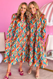 Multicolor Abstract Geometric Print Long Sleeve High Waist Dress
