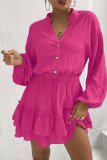 V Neck Button Smocked Ruffle Hem Dress