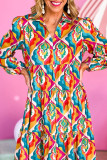 Multicolor Abstract Geometric Print Long Sleeve High Waist Dress