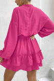 V Neck Button Smocked Ruffle Hem Dress