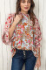 Multicolor Lace Trim Contrast Floral Long Puff Sleeve Blouse