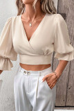 Plain V Neck Puff Crop Blouse