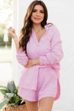 Pink Crinkle Frayed Long Sleeve Shirt and Casual Shorts Set