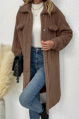 Ribbed Knitting Button Up Long Fleece Coat