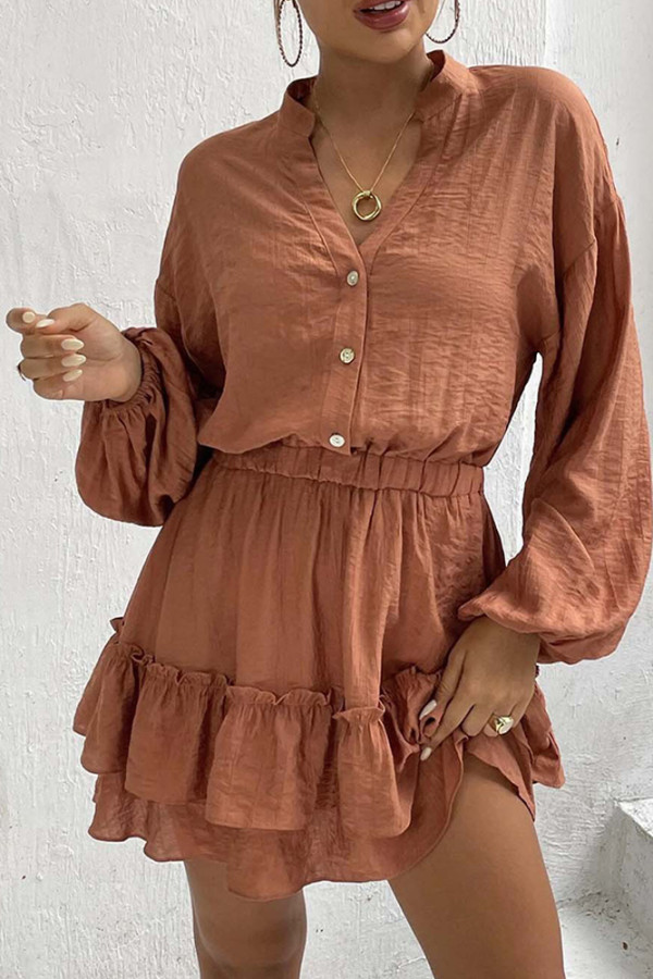 V Neck Button Smocked Ruffle Hem Dress