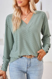Plain V Neck Buttoned Cuff Jacquard Long Sleeves Top