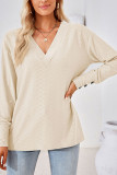 Plain V Neck Buttoned Cuff Jacquard Long Sleeves Top